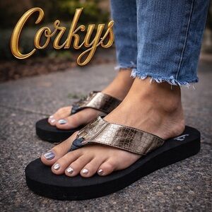 Corkys Sandals Womens Size 11 Lumi Casual Slip On Flip Flops Pewter Faux Leather
